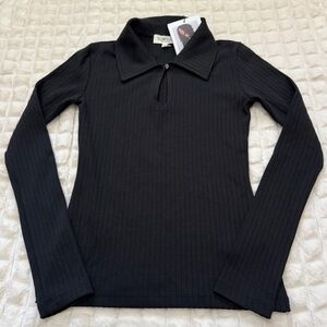 Black Ribbed Long-Sleeve Polo Top